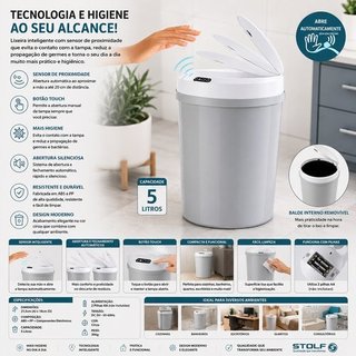 Lixeira Redonda Sensor Proximidade 5 Litros Automatica Cozinha Banheiro Escritório Cinza