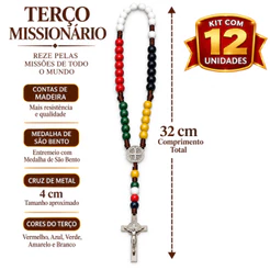 Terço Cordão Madeira Missionario São Bento 32 cm - Kit com 12 Unidades