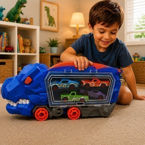 Caminhão Dinossauro Tiranossauro Rex Com Rampa Brinquedo Infantil 4 Carrinhos Azul