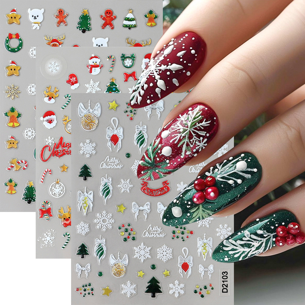 Adesivos de Arte para Unhas da Série Natalina em Estilo Cartoon, Decalques Adesivos com Glitter a Laser, Adesivos de Dec
