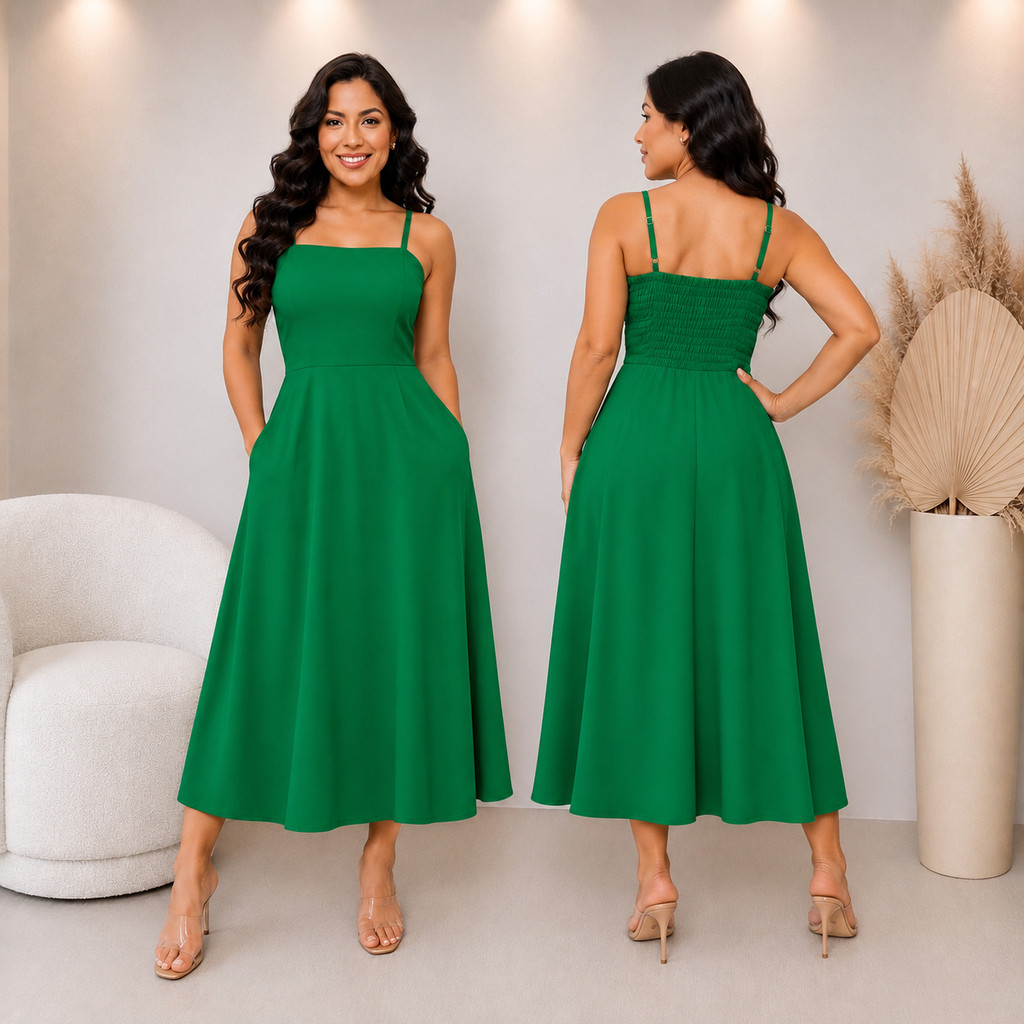 Vestido Midi Alça Moda Cristã Casual Elegante Premium Moderno Godê Exclusiva Modesto Com Caimento Fluido Evasê