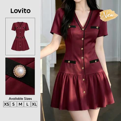 (New Arrival) Lovito Vestido Feminino Apricot Curto evasê Gola V Patchwork Colorido Babado botões primavera/verão DRK10P2D129