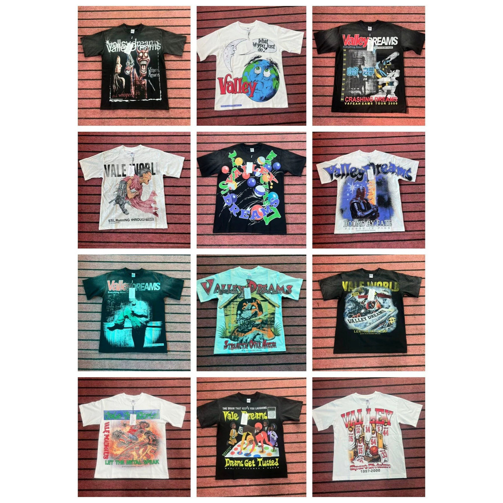 Americano Retro vale sonhos impresso camiseta de manga curta masculina solta lavada angustiado rua Wear meia manga verão