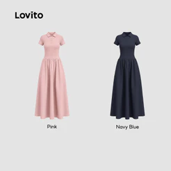 (Casual) Lovito Vestido de Primavera/verão Azul-marinho com Estrutura de Costura de Tecido L152ED023