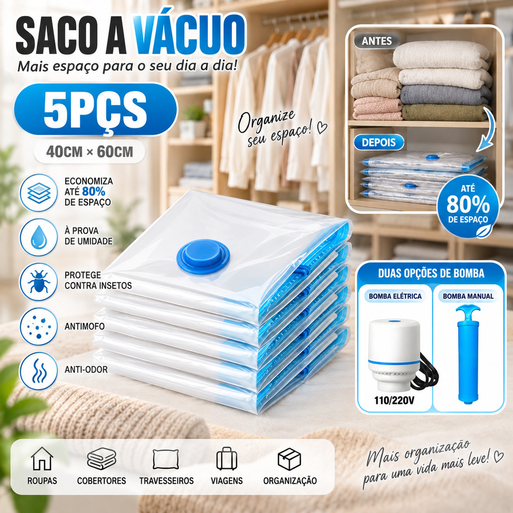 KIT 5 Saco a Vácuo + Bomba Manual ou Bomba Elétrica Organização de Roupas Mala Viagem Guarda Roupas