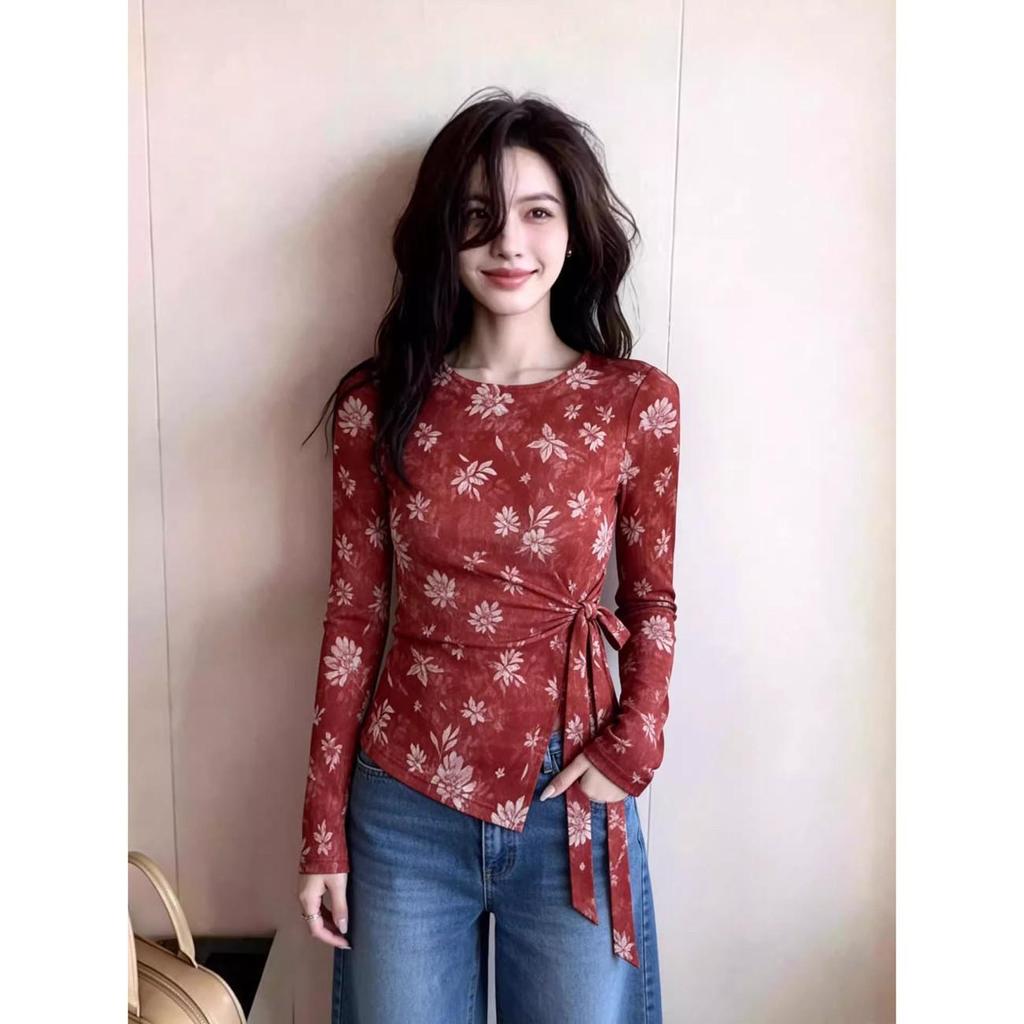 [Novidades] Camiseta feminina de tamanho grande gaze de camada dupla verão novo estilo estampado Irregular com cadarço D