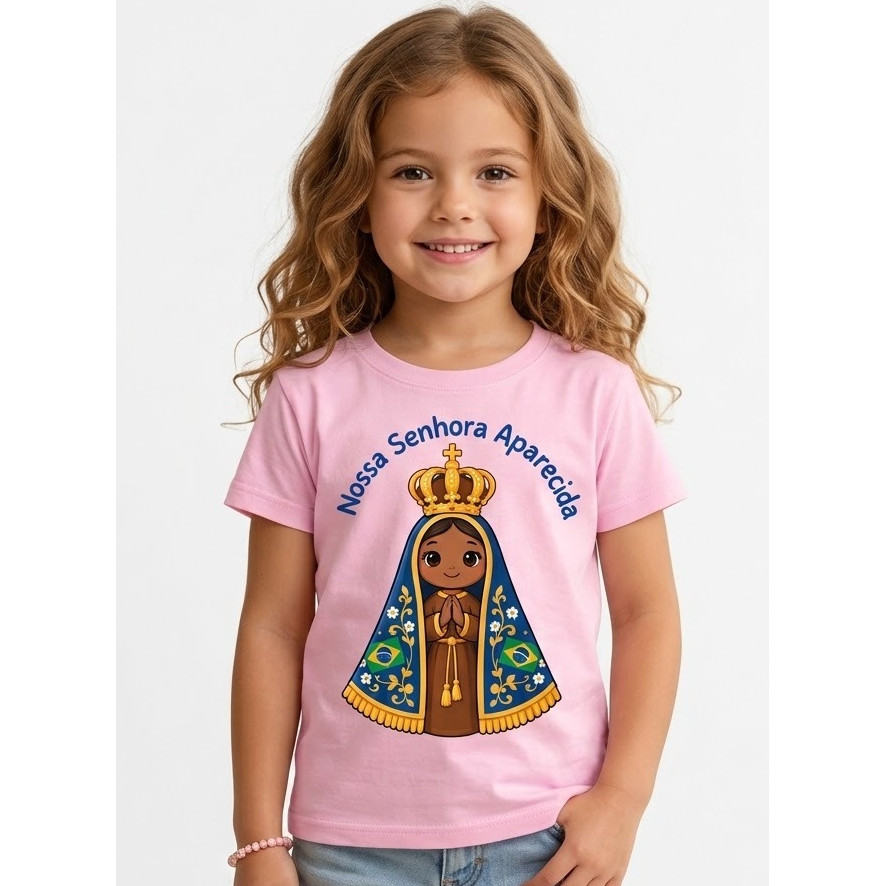 Camiseta Infantil Nossa Senhora Aparecida Adulto Varias Estampas 100% Algodão Dia das Crianças Religiosa Mãezinha do Céu