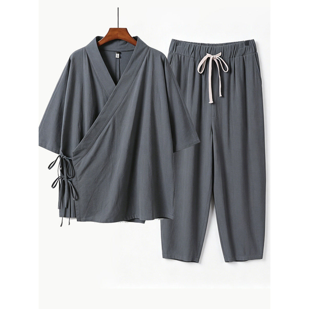 Estilo chinês algodão linho terno masculino verão Hanfu manga seis-30 quartos calças de oito nove pontos taoísta Robe pi