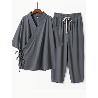 Estilo chinês algodão linho terno masculino verão Hanfu manga seis-30 quartos calças de oito nove pontos taoísta Robe pi