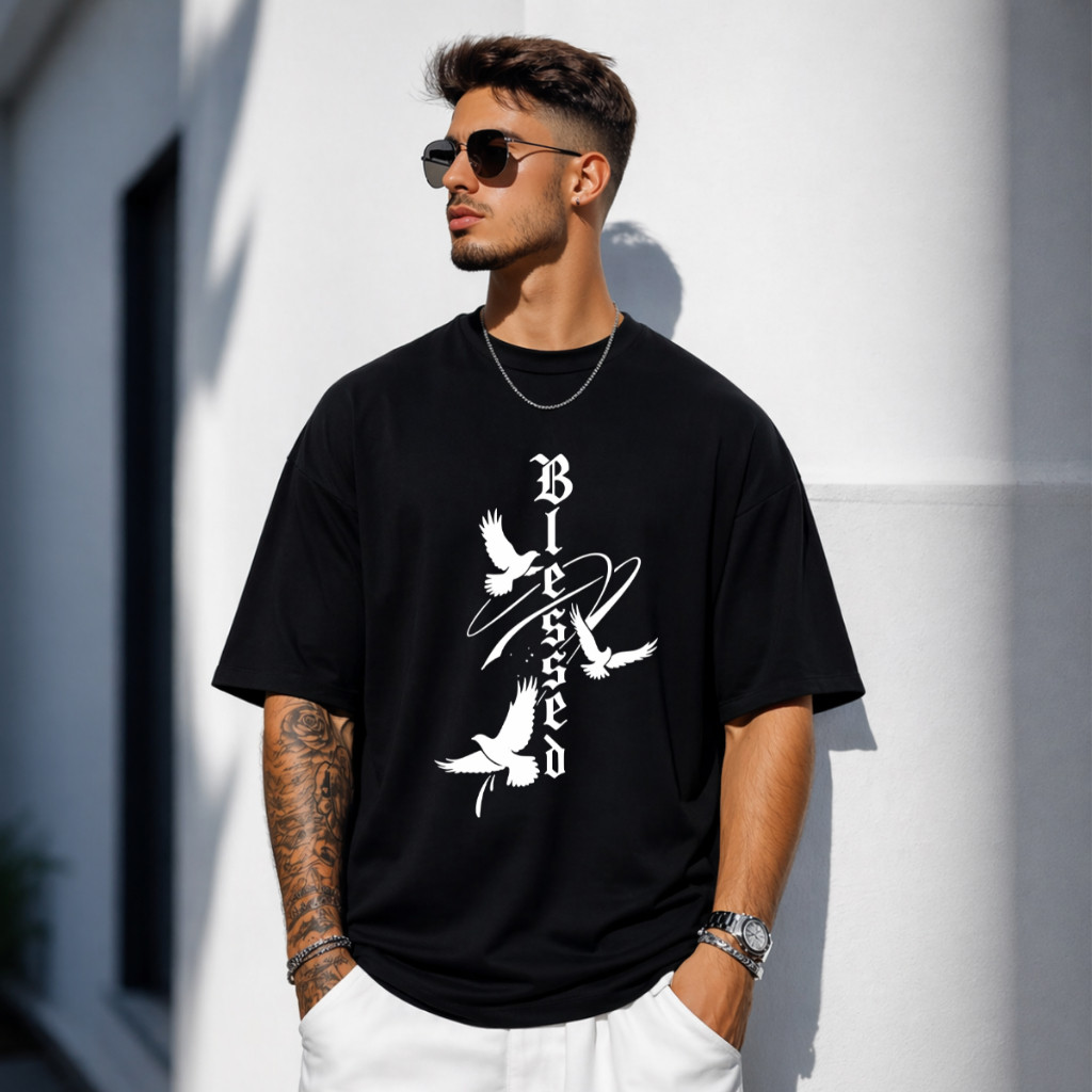 Camiseta Oversized Masculina Blessed Streetwear Estampa Religiosa Premium Algodão