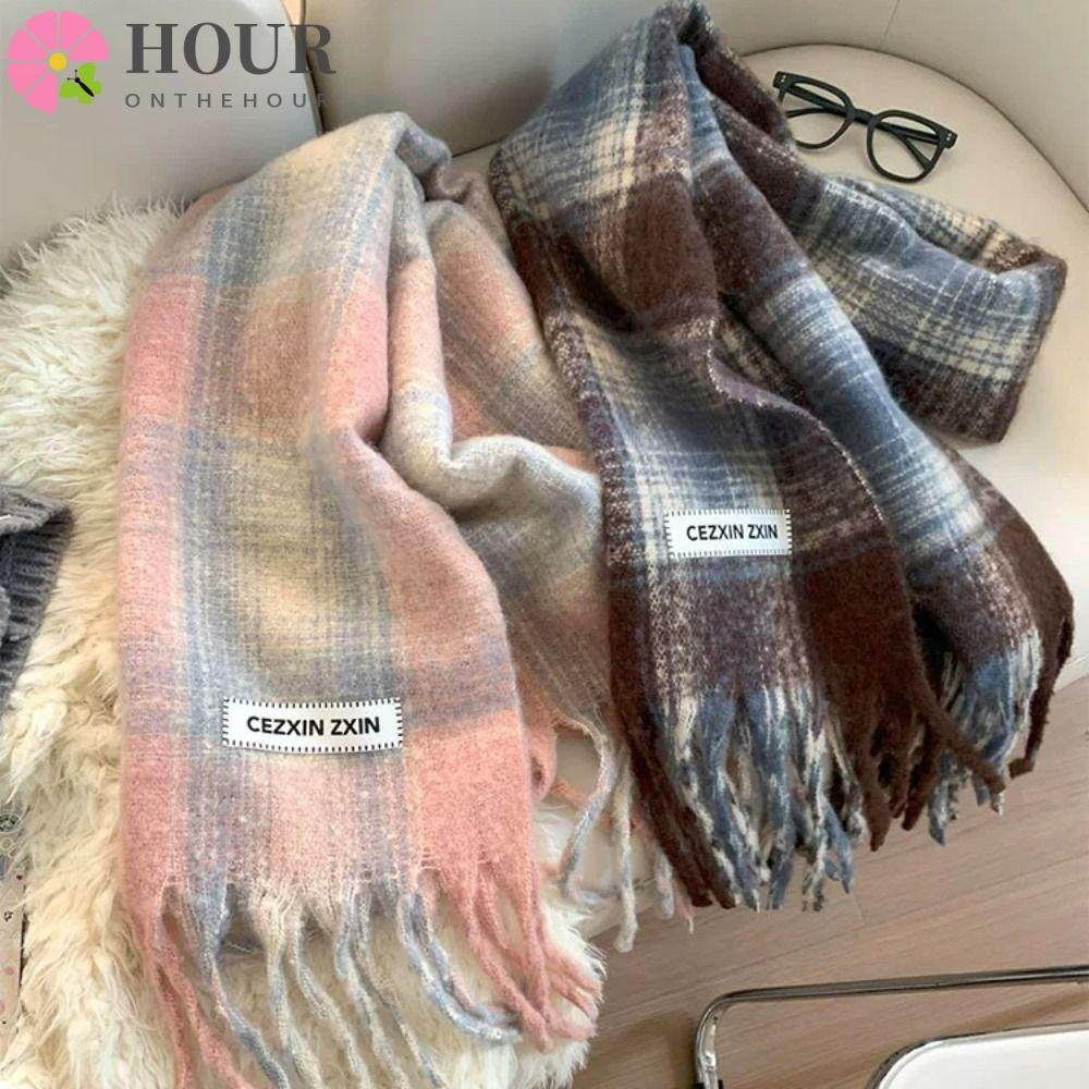 Cachecol Xadrez Listrado HOUR , Lenço Quente De Inverno Com Borla Longa , Protetor De Pescoço Coreano Macio E Elegante B