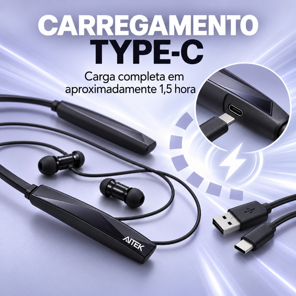Fone de Ouvido Bluetooth Aitek AHS B1002 Esportivo 5.4 Neckband 25H Tipo-C Microfone Preto — imagem 2 de 2