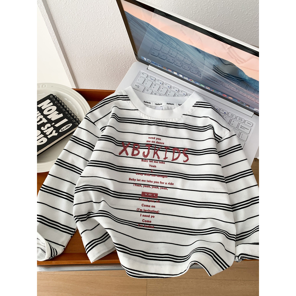 Meninos primavera outono estilo listrado manga comprida camiseta crianças estilo fino carta impressão estilo fino camisa