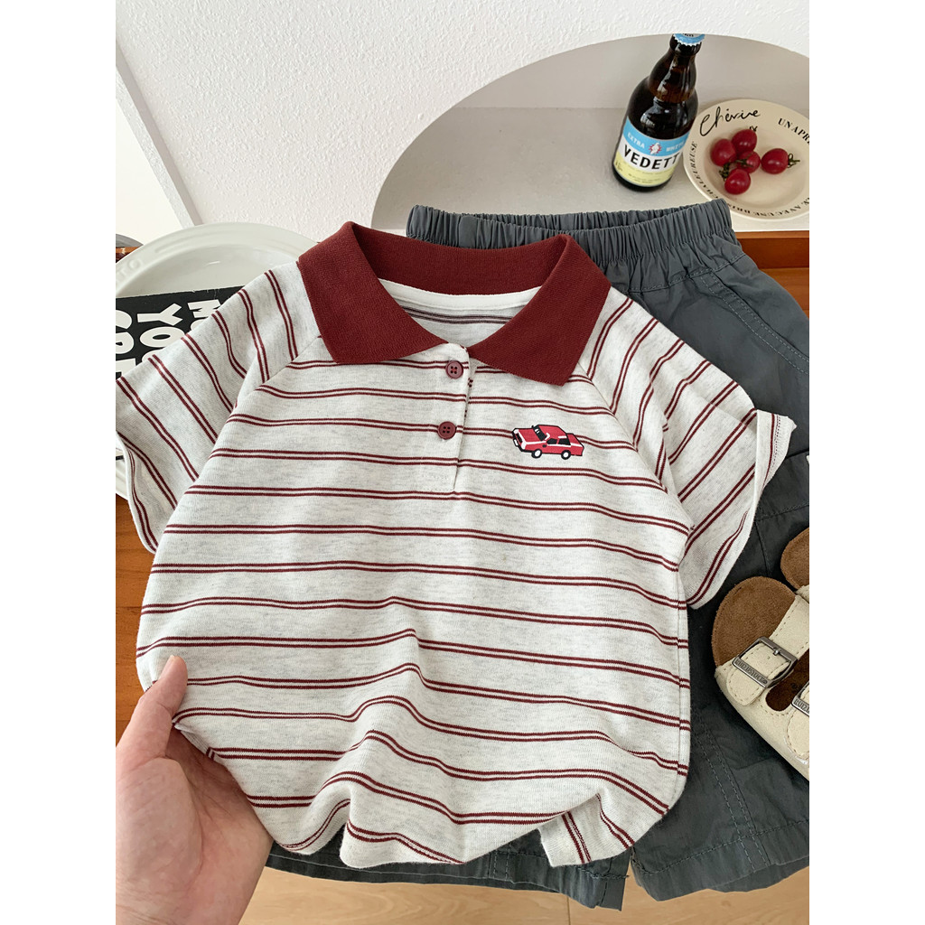 Crianças verão camisa polo meninos contraste cor listrado manga curta camiseta bebê Casual novo estilo respirável solto 