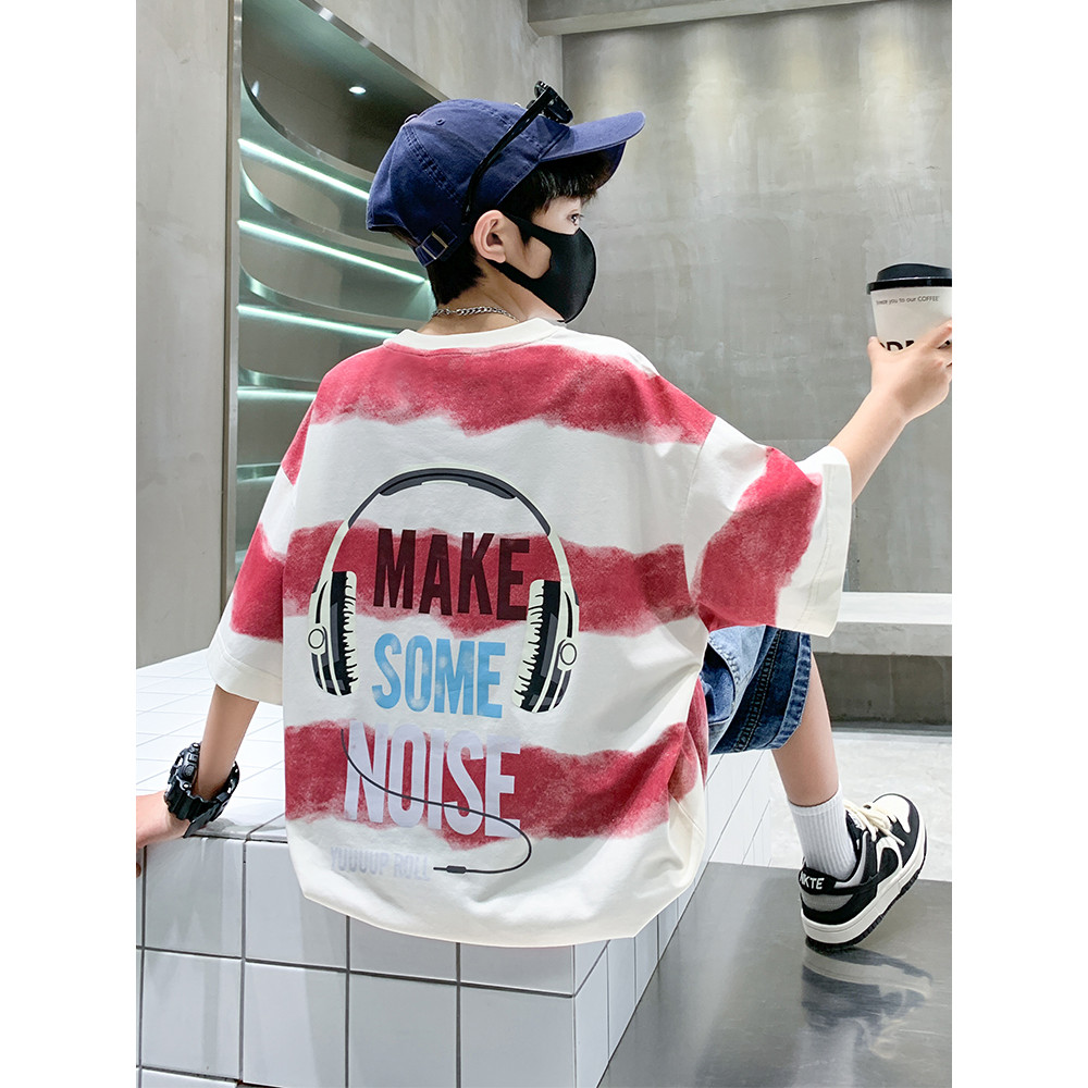 Meninos verão camiseta de manga curta 2025 novo estilo crianças bonito na moda grandes crianças listrado impresso All-Ma