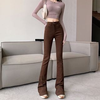 Calças de brim Micro-queimadas femininas cintura alta 2025 novo estilo outono inverno magro olhar elástico em linha reta