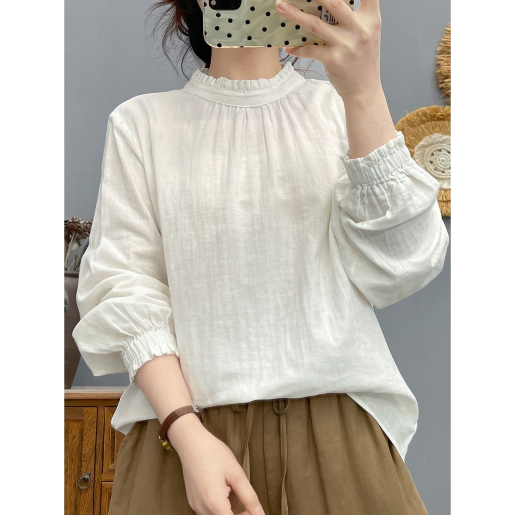 Pulôver interno fungo colarinho camisa de manga comprida camisa branca feminina cor sólida fio de algodão puro camisa in