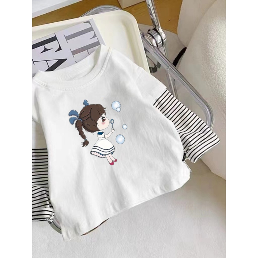 Algodão puro meninas roupas costura listrado manga comprida camiseta 2024 primavera outono crianças bebê Casual moda dos