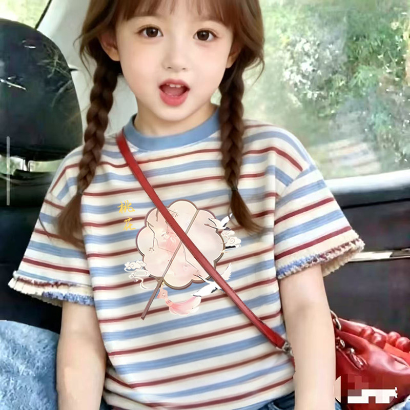 Meninas roupas cor combinando listrado algodão manga curta camiseta 2026 verão novo estilo médio grande crianças bebê es