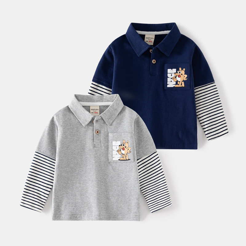 Crianças camiseta de manga comprida 2026 primavera meninos bebê falso gola polo de duas peças Bottoming topo versão core