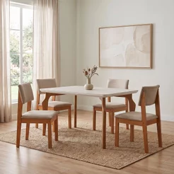 Conjunto Sala de Jantar Mesa Tampo Vidro/MDF com 4 Cadeiras Linho Marialice Cinamomo/Off White/Bege Cinamomo/Off