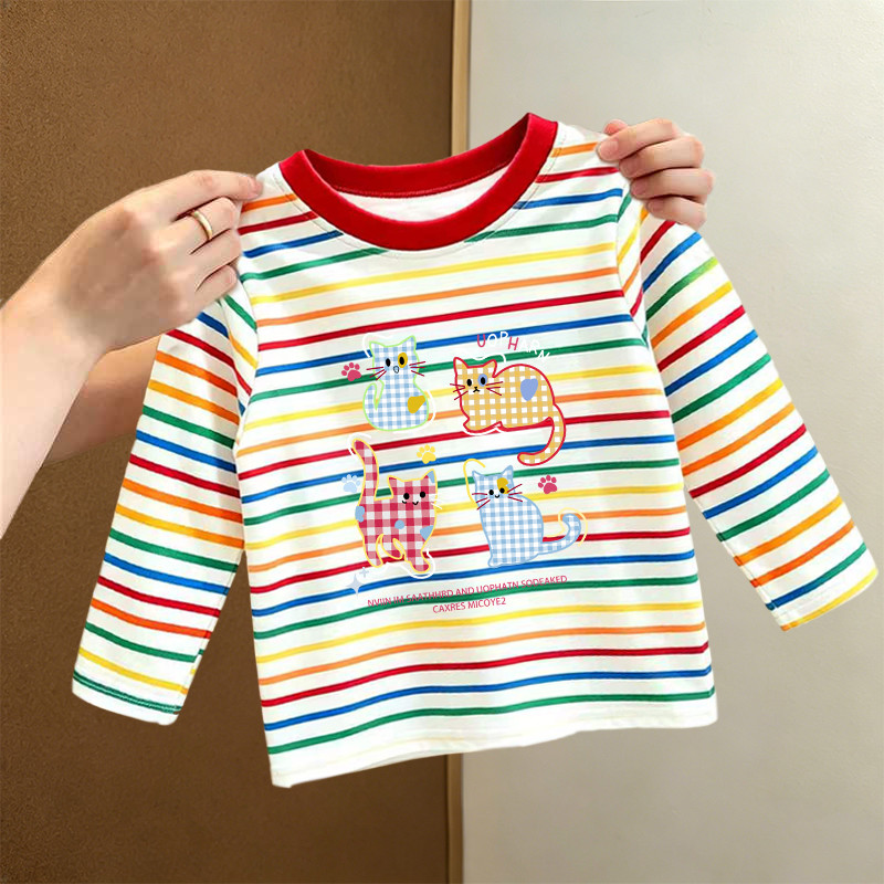 Meninas de manga comprida camiseta primavera outono novo estilo bebê estilo ocidental listrado em torno do pescoço topo 