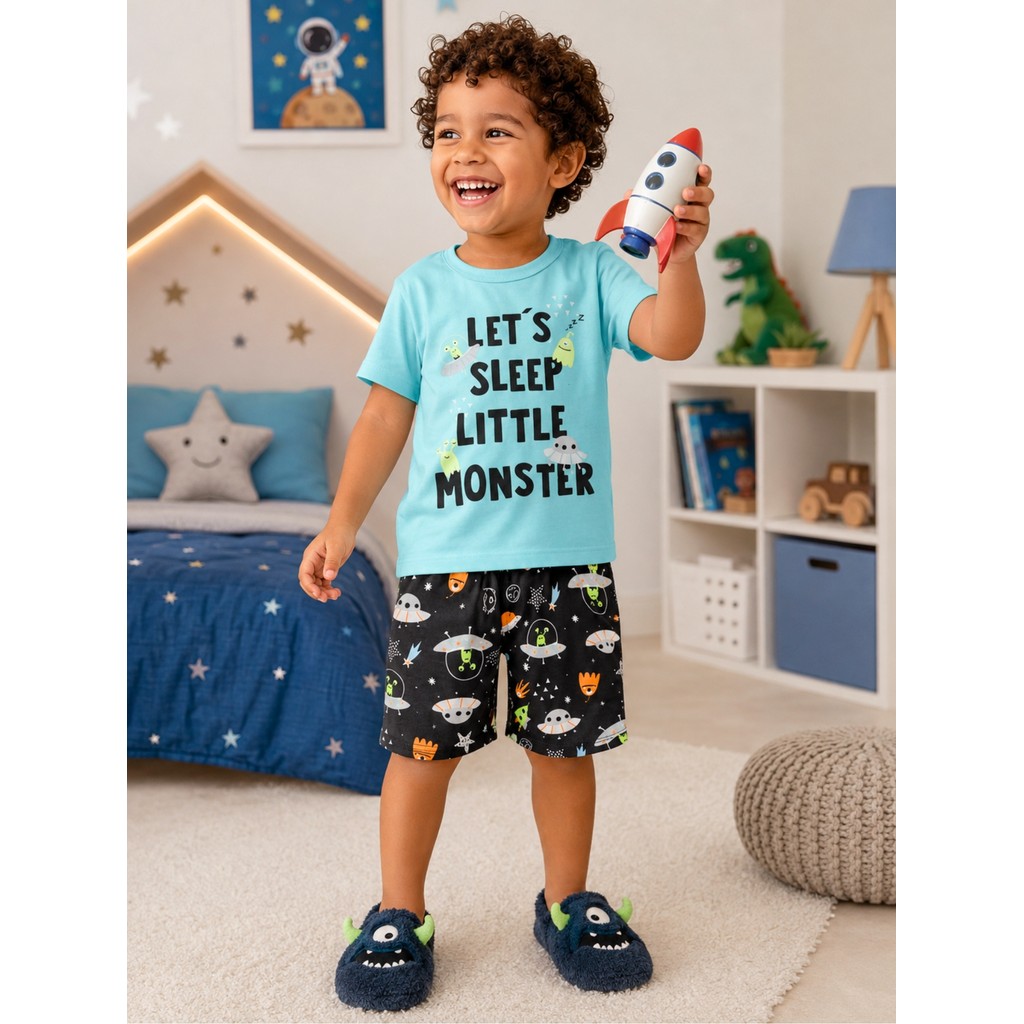 Kit 6 Peças Pijama Infantil Brilha no Escuro Menino Verão Manga Curta Masculino 1 A 8 - 3 Blusas + 3 Bermudas — imagem 2 de 2