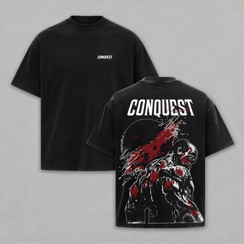 Camiseta Unissex Premium De Algodão Preta Estampa Conquest Muscular Streetwear Estilo Lavado Vintage Para Uso Casual E