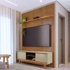 Rack com Painel Ripado para TV até 65 Polegadas MDF 179CMX244CM Frisado Milo Marrom e Bege Cumaru/Opala