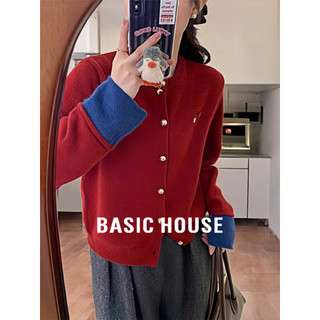 Casa básica/casa básica ano novo vermelho malha Cardigan feminino 2026 outono novo estilo contraste cor jaqueta topo