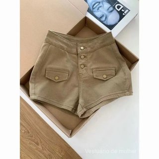 Shorts femininos, shorts de ganga, cintura alta, cor cáqui, tecido elástico, corte justo, modelo moderno, para o verão, 