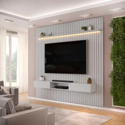 Painel Ripado para TV até 75 Polegadas com LED MDF 250cmx240cm Trento Cinza Bali Bali