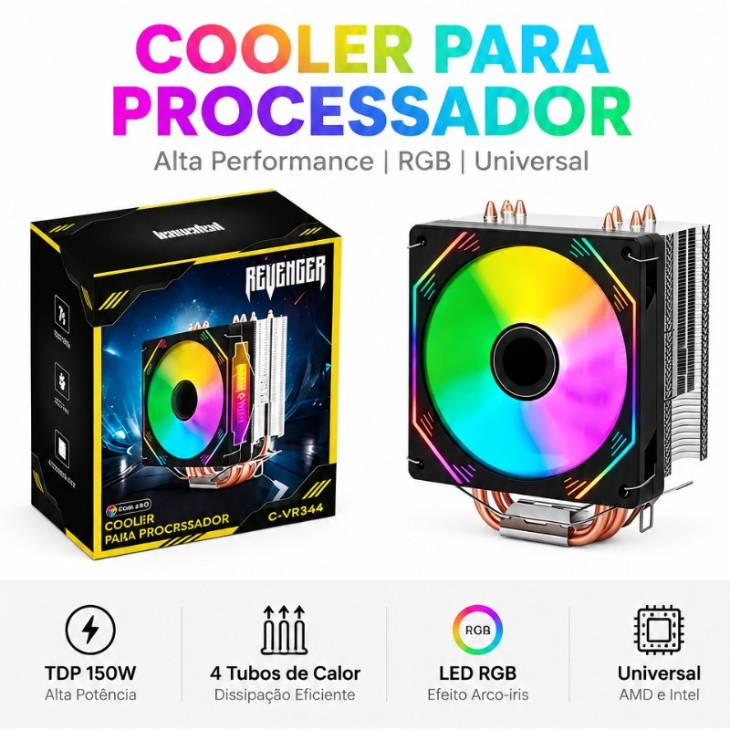 Cooler para Processador Revenger Hidráulico Cooler Fan CPU 4 Heatpipes LED RGB 3 Pinos Ventoinha 120mm Multi Intel AMD