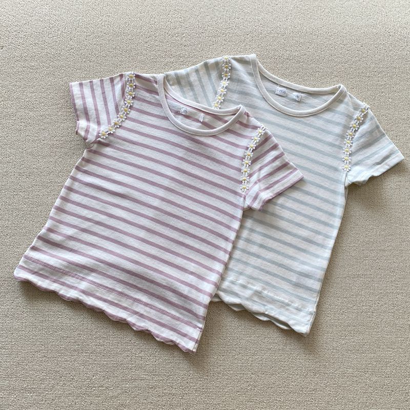 110-120 tamanho comércio exterior japonês único Street Wear meninas crianças decoração de flores listrado camiseta de ma