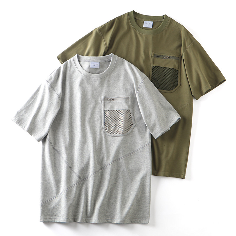 Costurando Corte Tridimensional!Camiseta masculina de algodão lavado + bolso de malha verão solta respirável em torno do