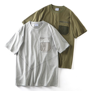 Costurando Corte Tridimensional!Camiseta masculina de algodão lavado + bolso de malha verão solta respirável em torno do
