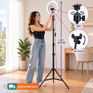Ring Light Completo Iluminador Portátil Tripé Com Suporte Para Celular 2.10 Metros 10" Polegadas e de 8" Polegadas