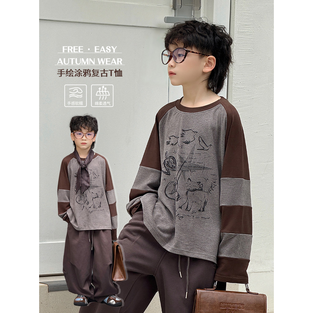 Meninos contraste cor primavera outono roupas de manga comprida camiseta versão coreana crianças outono camisa de fundo 