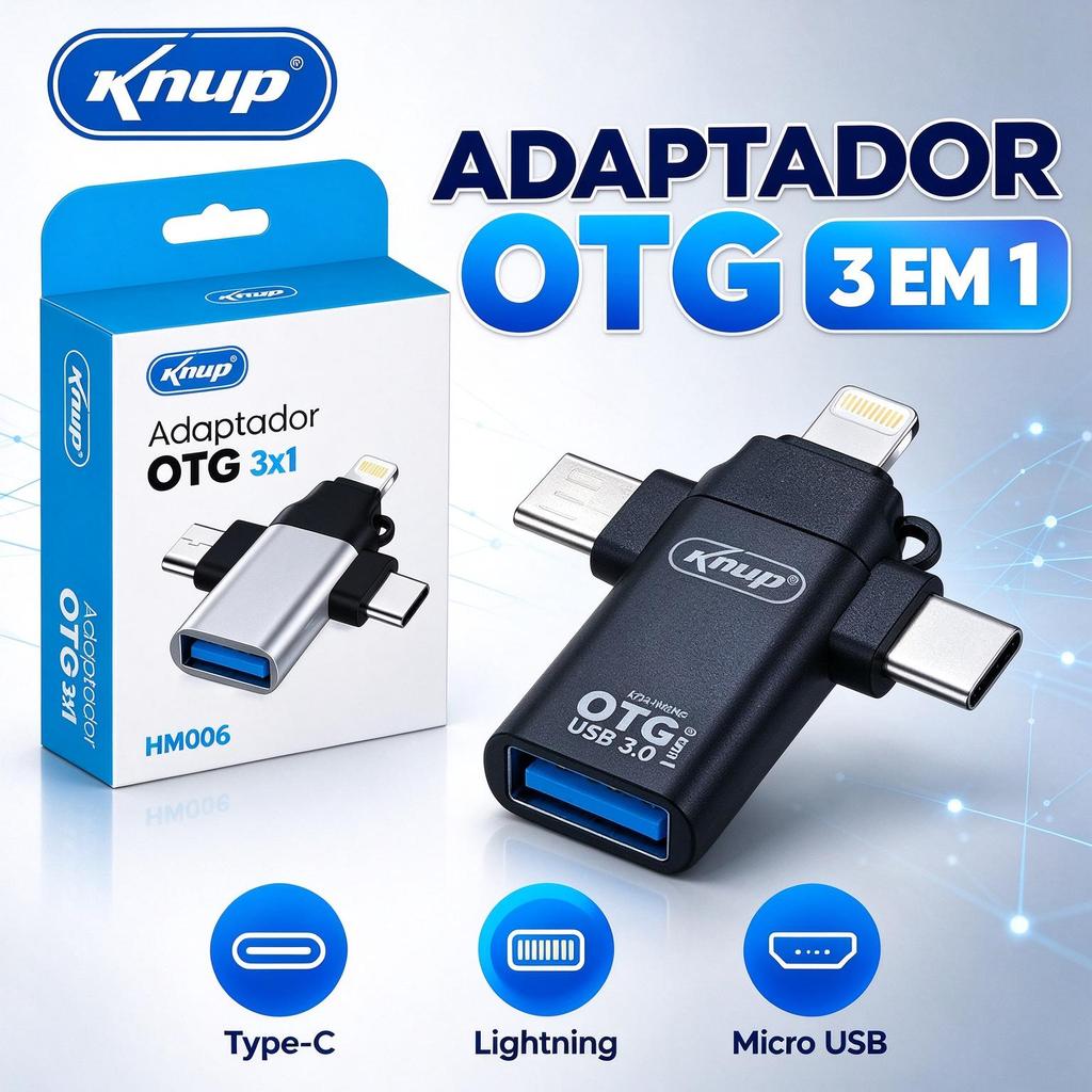 Adeptador OTG 3 em 1 USB para Type-C Lightning e Micro USB Formato FAT32 ou exFAT Compatível iPhone iPad e Android