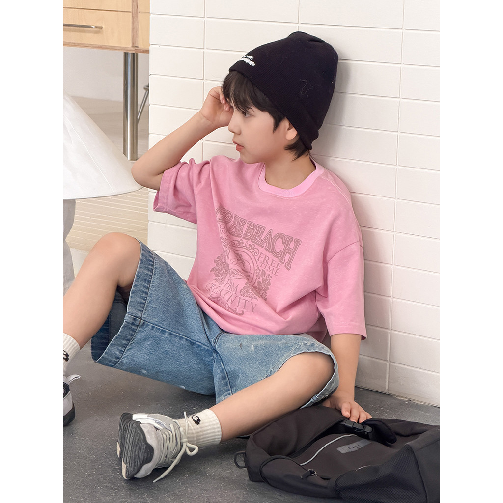 Yima meninos algodão manga curta camiseta crianças verão estilo fino bebê carta impressão solta Casual camisa de fundo