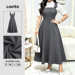 Lovito Vestido Feminino Elegante Cinza Modelo Longo A com Zíper Primavera Verão Casual Fim de Semana e Traje de Trabalho DRB38BR281