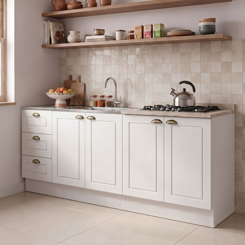 Cozinha Compacta Modulada 100% MDF 2 Balcões e 1 Tampo com Furo para Cooktop Branca/Calcare Emily Branco HP/Calcare