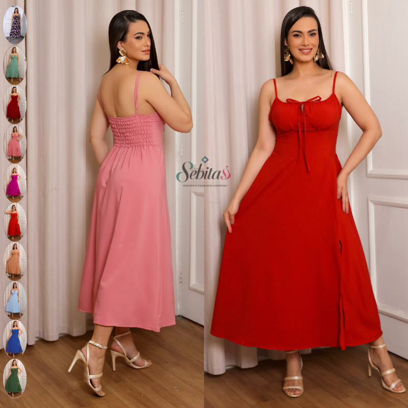 Vestido Feminino Mídi Romântico Estampa Floral Fenda lateral Elastex Tendencia Moda