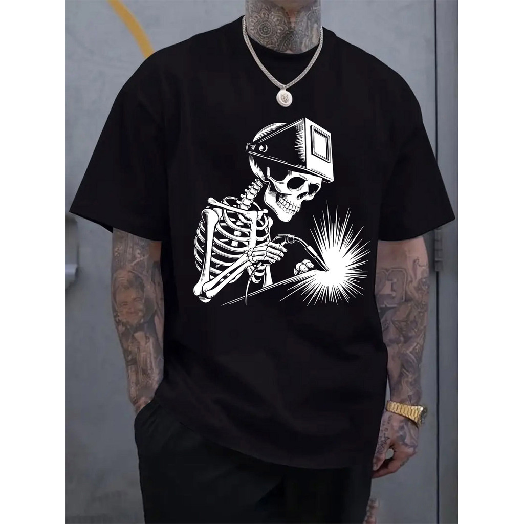 Camiseta Masculina Plus size Esqueleto Soldador Leve Básica Oversized 100% Algodão em Oferta na Shopee
