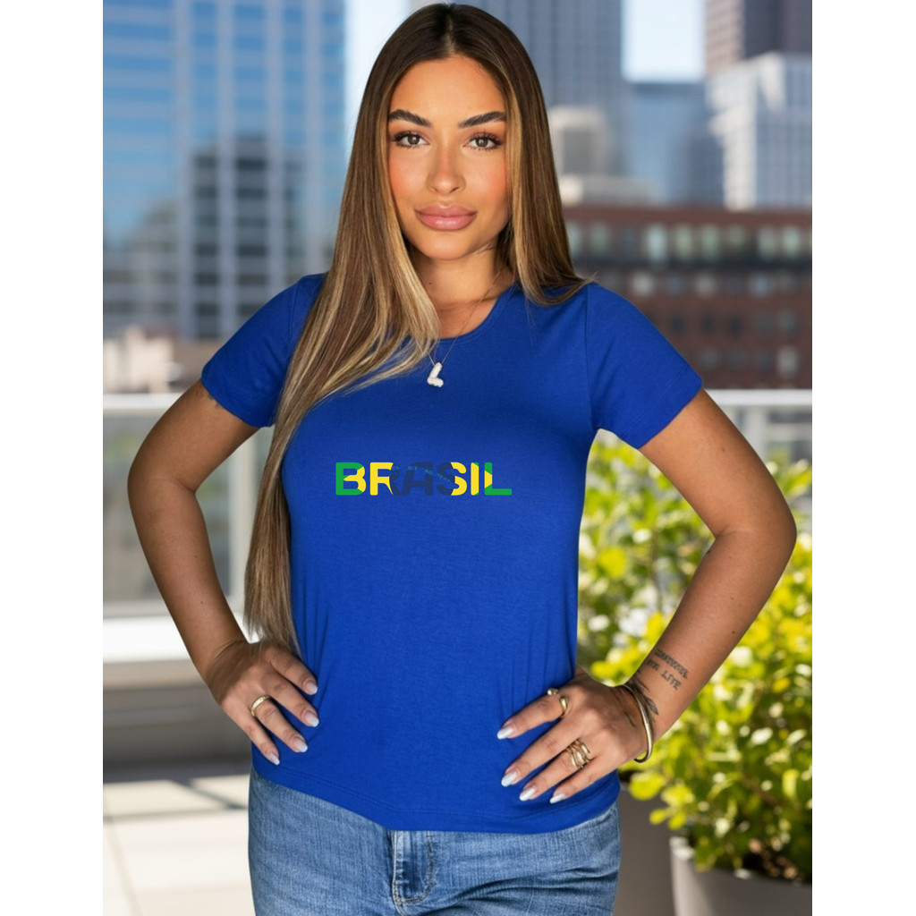 Blusa Feminina Gola Careca Manga Curta Tshirt Basica Blusinha Copa do mundo Brasil Bandeira