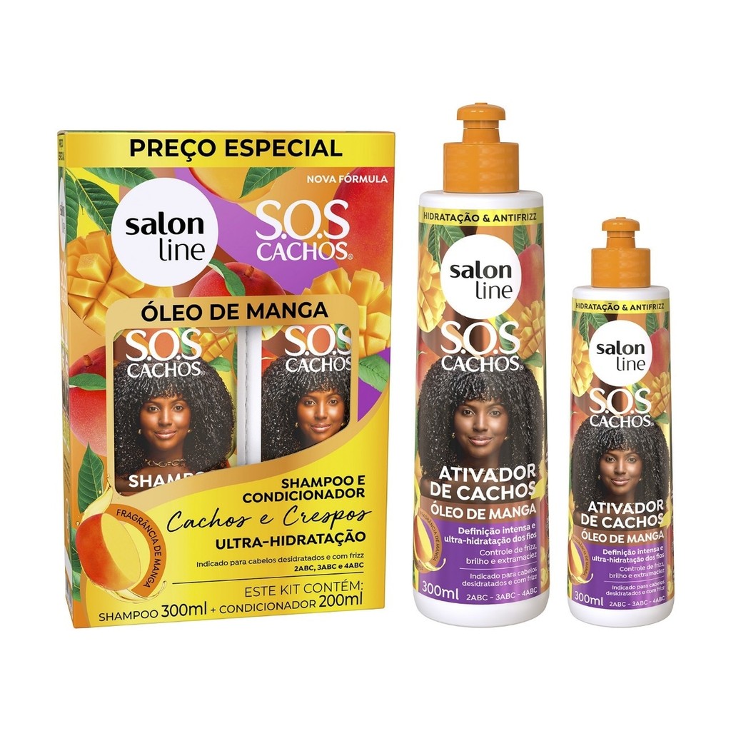 Kit Shampoo + Condicionador com Creme para pentear e Ativador SOS Cachos Óleo de Manga em Oferta na Shopee