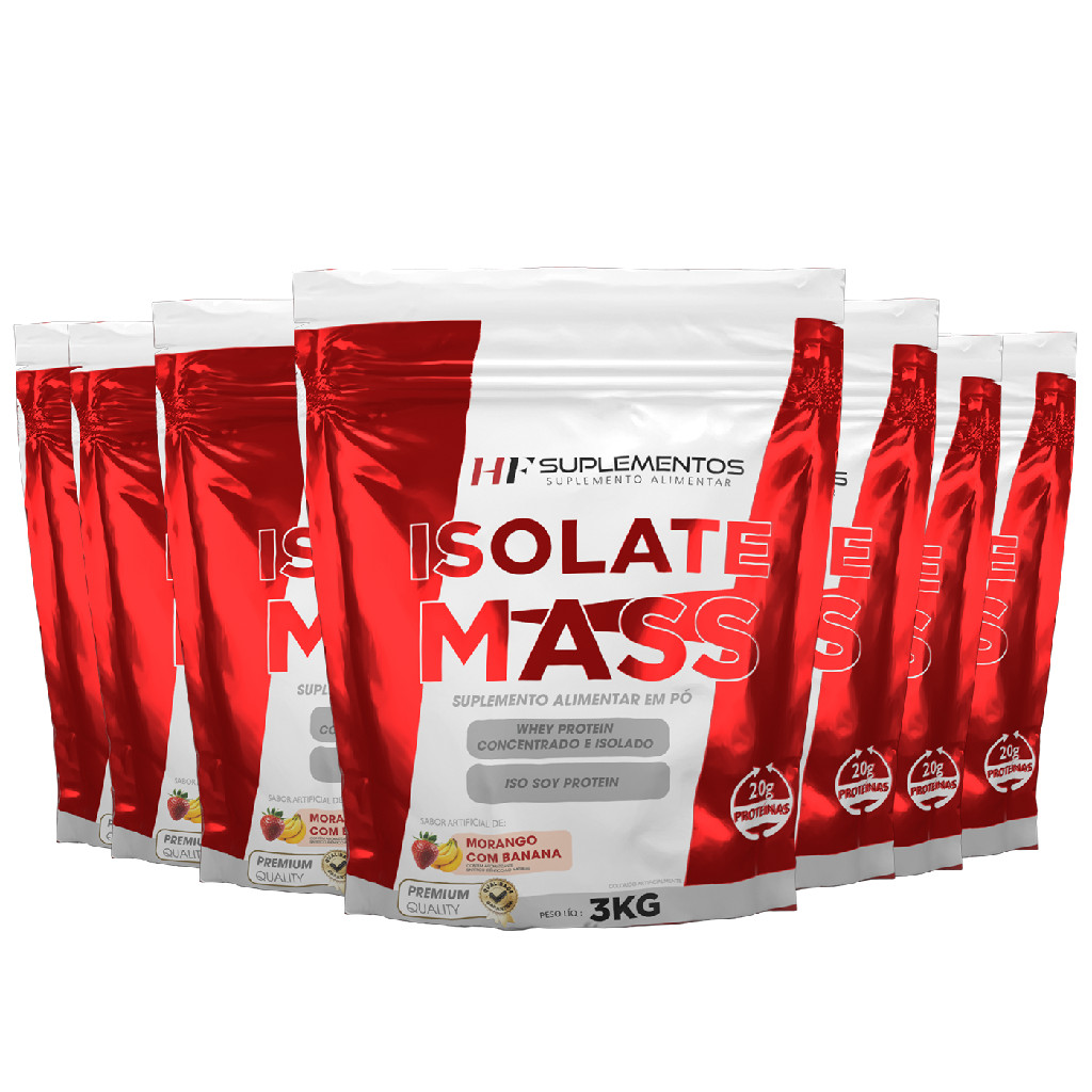 Kit 6 unidades Isolate Mass Hipercalórico Morango Banana 3KG Em Pó HF Suplementos – Complemento Alimentar e Energia!