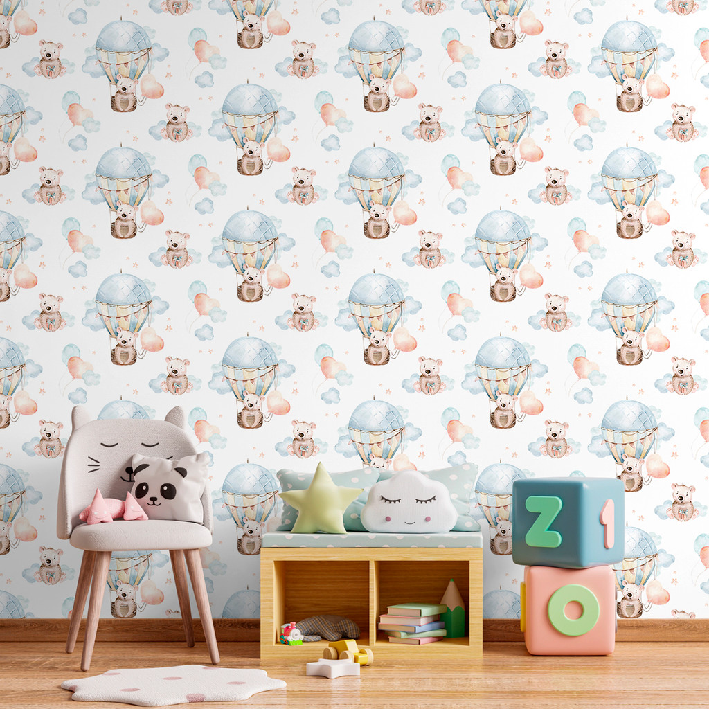 Papel de Parede Aquarela Infantil com Ursinho no Balão | Decoração Suave para Quarto de Bebê Moderno