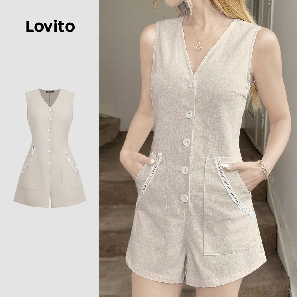 Lovito Macacão Casual com Bolso Fita de Contraste Botões Primavera/verão Cor Cáqui clara L155ED896