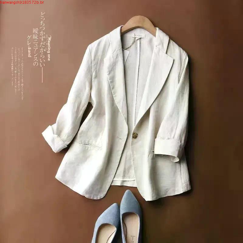 Novas Mulheres Blazer Linho De Algodão Sólido Cor Casacos Finos Casuais Loose Plus Tamanho
